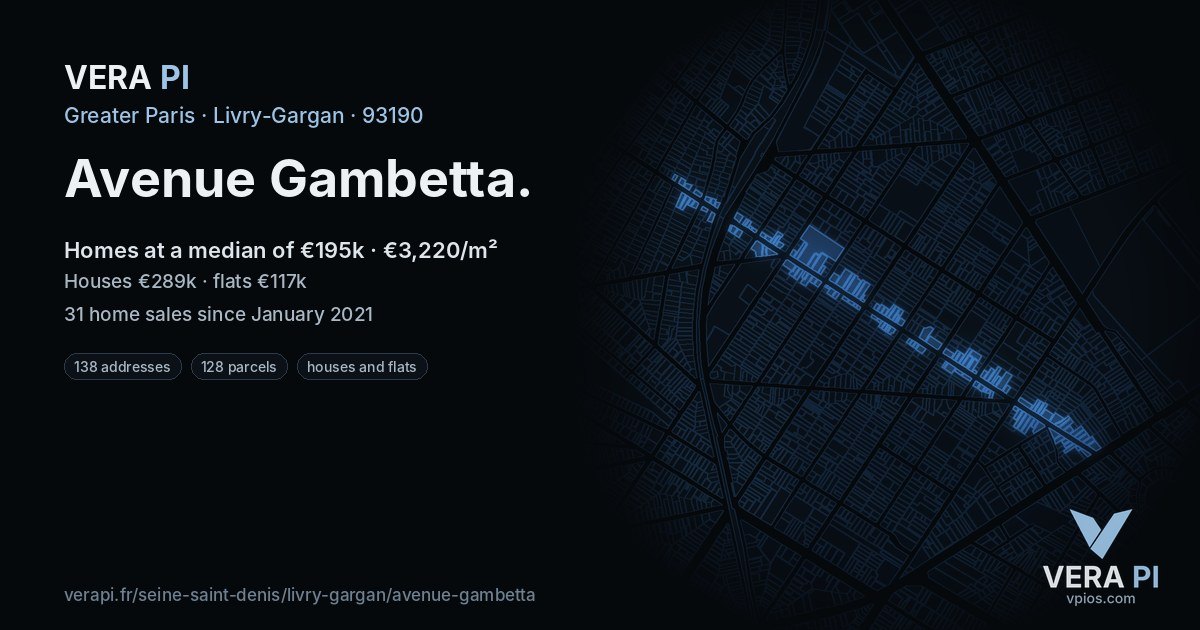 Avenue Gambetta, Livry-Gargan at night – every parcel coloured by the prices around it, the street's own parcels lit