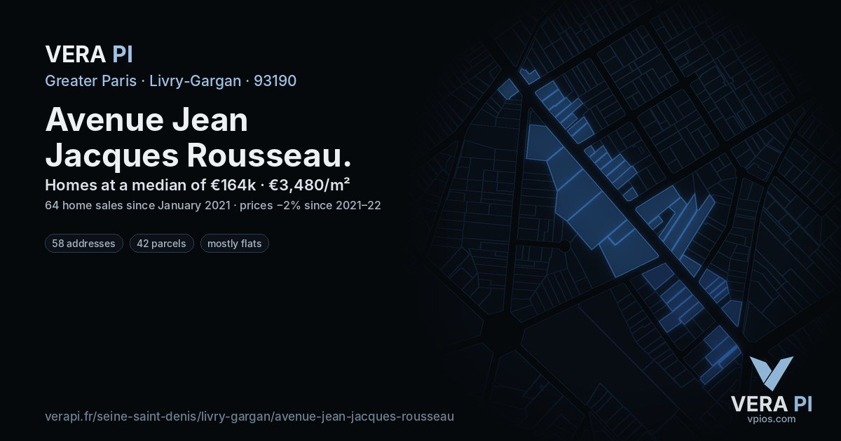 Avenue Jean Jacques Rousseau, Livry-Gargan at night – every parcel coloured by the prices around it, the street's own parcels lit