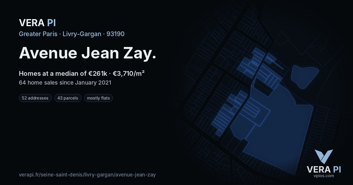Avenue Jean Zay, Livry-Gargan at night – every parcel coloured by the prices around it, the street's own parcels lit