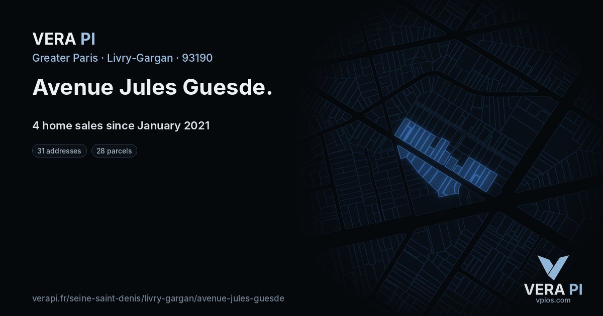 Avenue Jules Guesde, Livry-Gargan at night – every parcel coloured by the prices around it, the street's own parcels lit