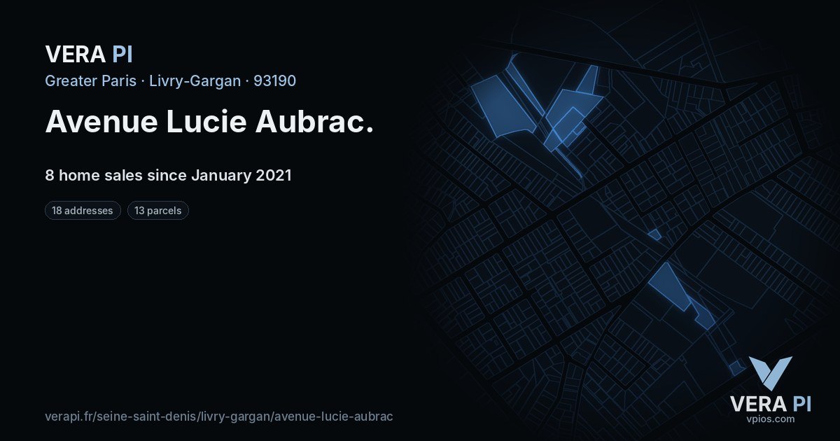 Avenue Lucie Aubrac, Livry-Gargan at night – every parcel coloured by the prices around it, the street's own parcels lit