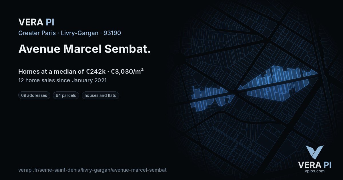 Avenue Marcel Sembat, Livry-Gargan at night – every parcel coloured by the prices around it, the street's own parcels lit
