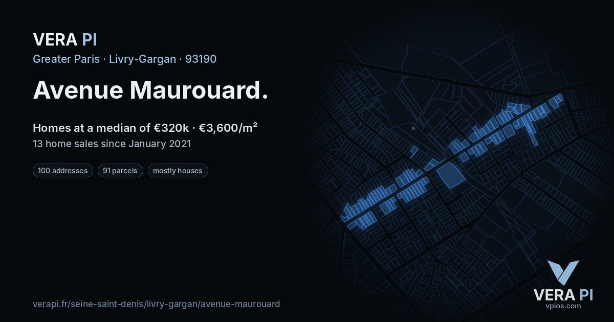 Avenue Maurouard, Livry-Gargan at night – every parcel coloured by the prices around it, the street's own parcels lit