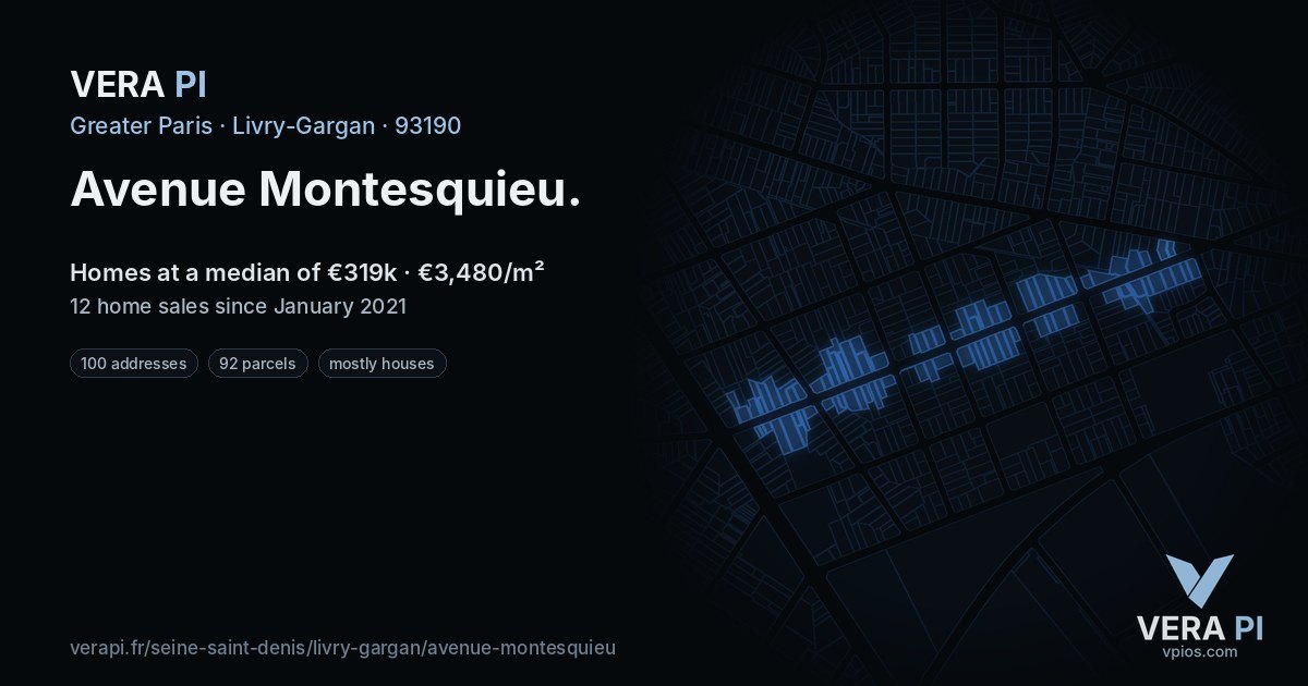Avenue Montesquieu, Livry-Gargan at night – every parcel coloured by the prices around it, the street's own parcels lit