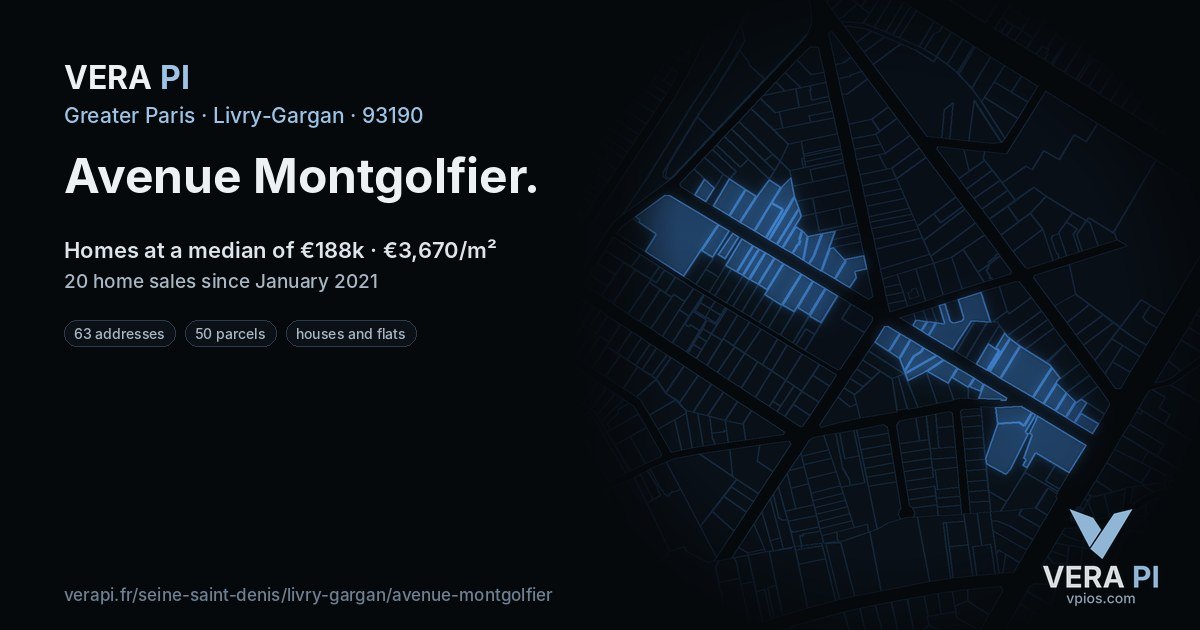 Avenue Montgolfier, Livry-Gargan at night – every parcel coloured by the prices around it, the street's own parcels lit