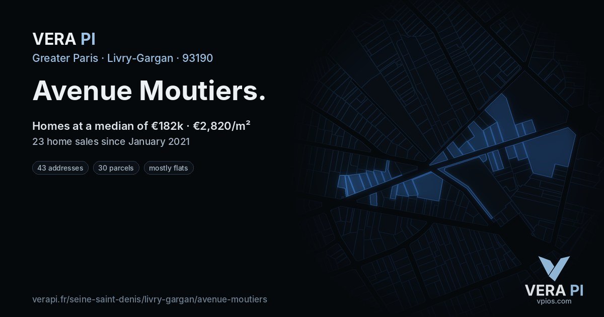 Avenue Moutiers, Livry-Gargan at night – every parcel coloured by the prices around it, the street's own parcels lit