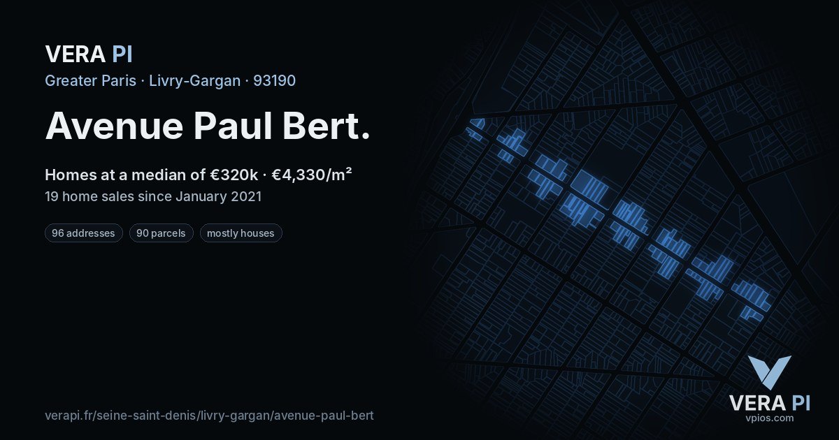 Avenue Paul Bert, Livry-Gargan at night – every parcel coloured by the prices around it, the street's own parcels lit