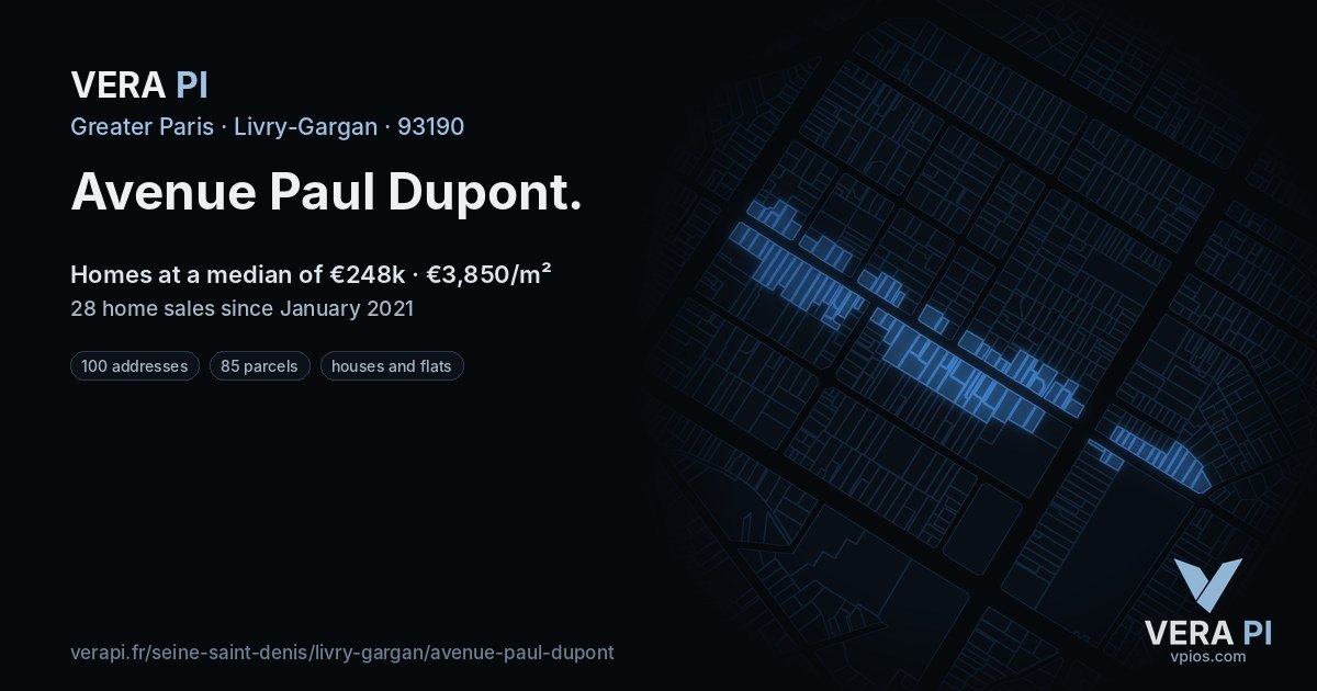 Avenue Paul Dupont, Livry-Gargan at night – every parcel coloured by the prices around it, the street's own parcels lit