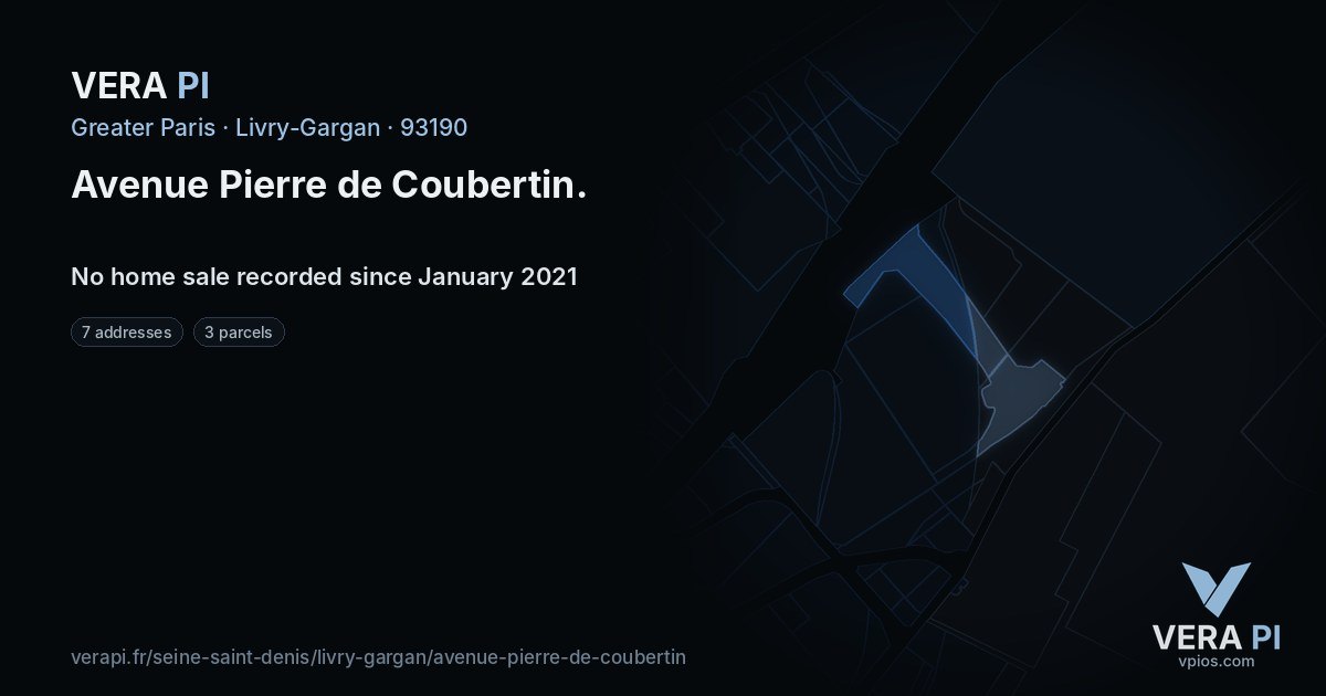 Avenue Pierre de Coubertin, Livry-Gargan at night – every parcel coloured by the prices around it, the street's own parcels lit