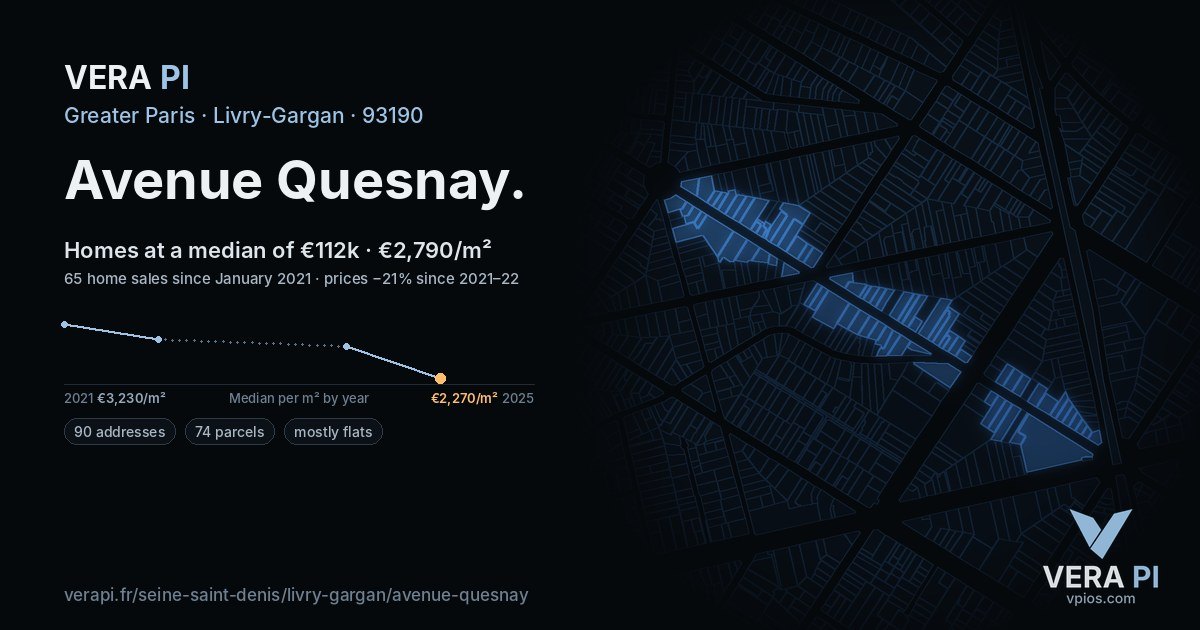 Avenue Quesnay, Livry-Gargan at night – every parcel coloured by the prices around it, the street's own parcels lit