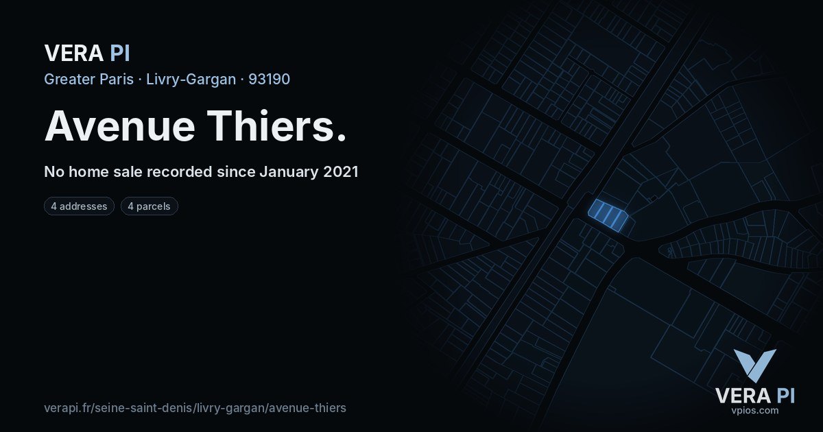 Avenue Thiers, Livry-Gargan at night – every parcel coloured by the prices around it, the street's own parcels lit