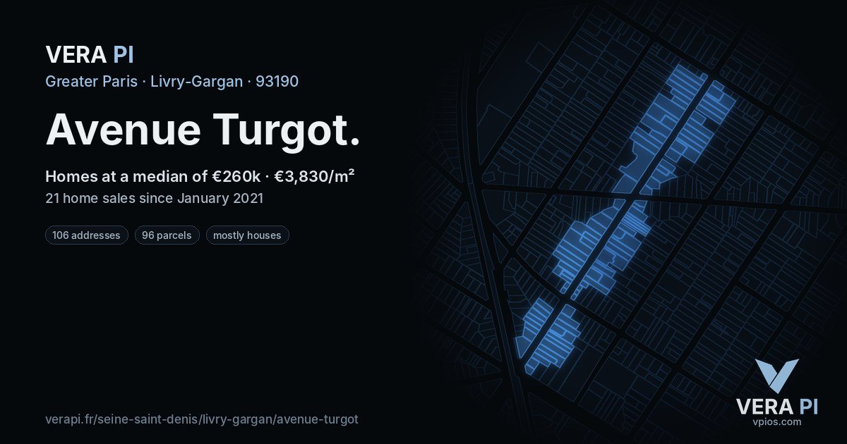 Avenue Turgot, Livry-Gargan at night – every parcel coloured by the prices around it, the street's own parcels lit