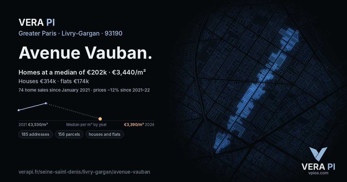 Avenue Vauban, Livry-Gargan at night – every parcel coloured by the prices around it, the street's own parcels lit