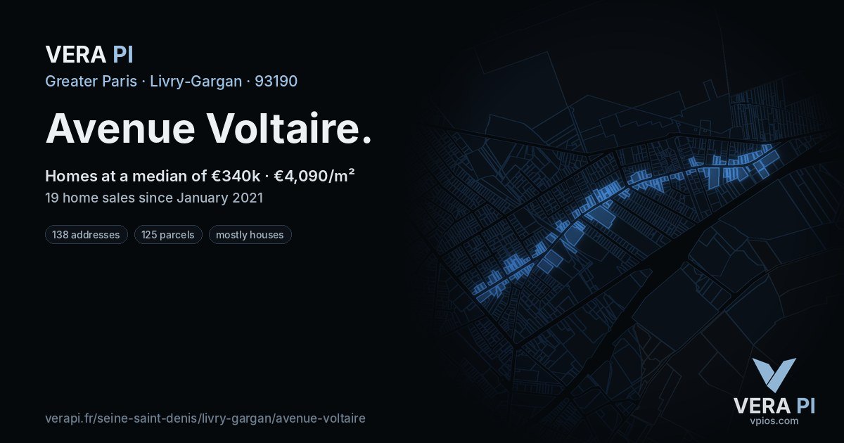 Avenue Voltaire, Livry-Gargan at night – every parcel coloured by the prices around it, the street's own parcels lit
