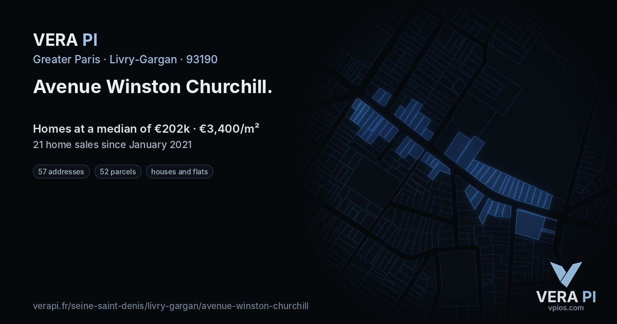 Avenue Winston Churchill, Livry-Gargan at night – every parcel coloured by the prices around it, the street's own parcels lit