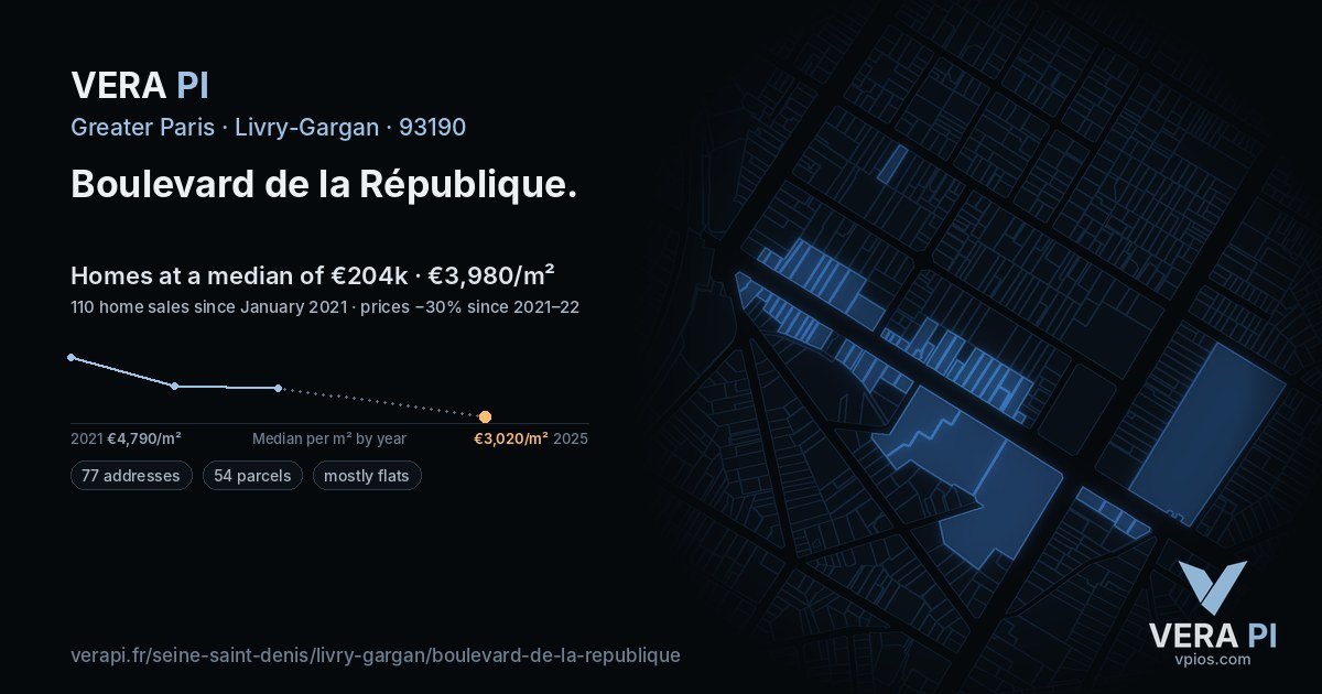 Boulevard de la République, Livry-Gargan at night – every parcel coloured by the prices around it, the street's own parcels lit