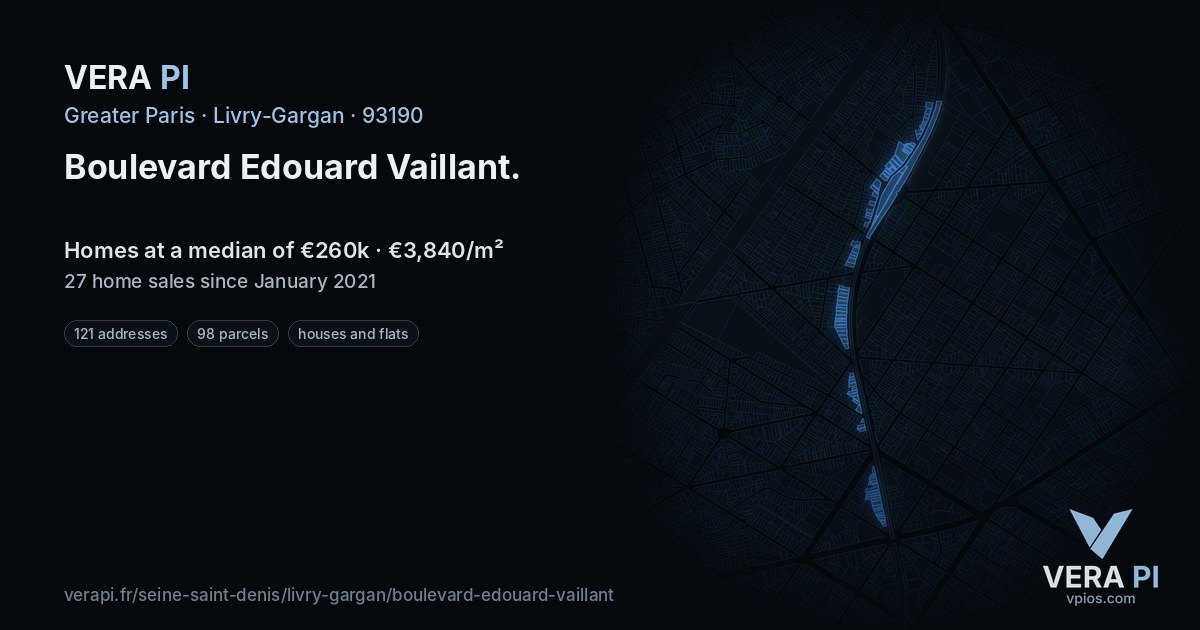 Boulevard Edouard Vaillant, Livry-Gargan at night – every parcel coloured by the prices around it, the street's own parcels lit