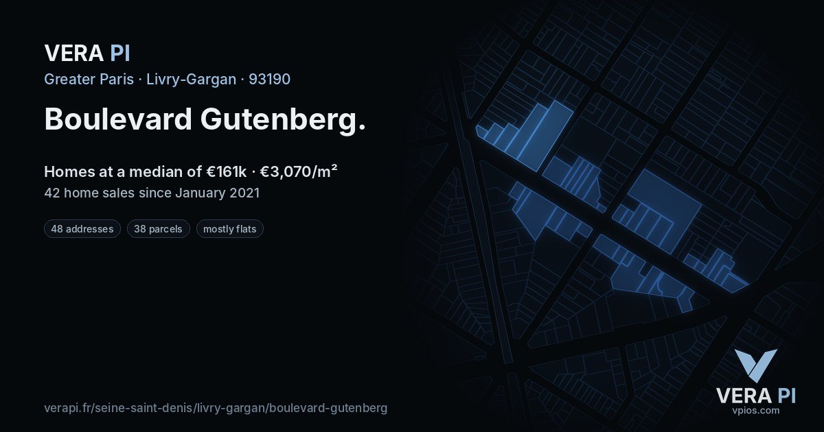 Boulevard Gutenberg, Livry-Gargan at night – every parcel coloured by the prices around it, the street's own parcels lit