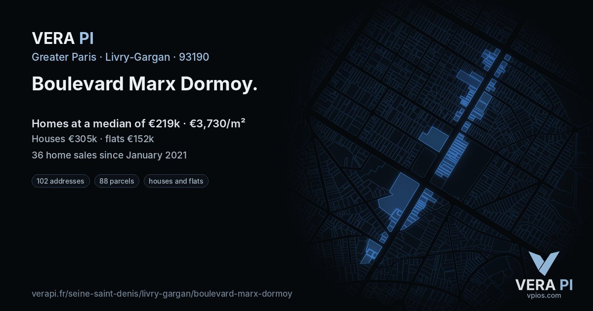 Boulevard Marx Dormoy, Livry-Gargan at night – every parcel coloured by the prices around it, the street's own parcels lit
