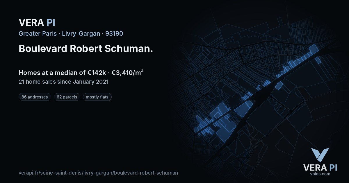 Boulevard Robert Schuman, Livry-Gargan at night – every parcel coloured by the prices around it, the street's own parcels lit