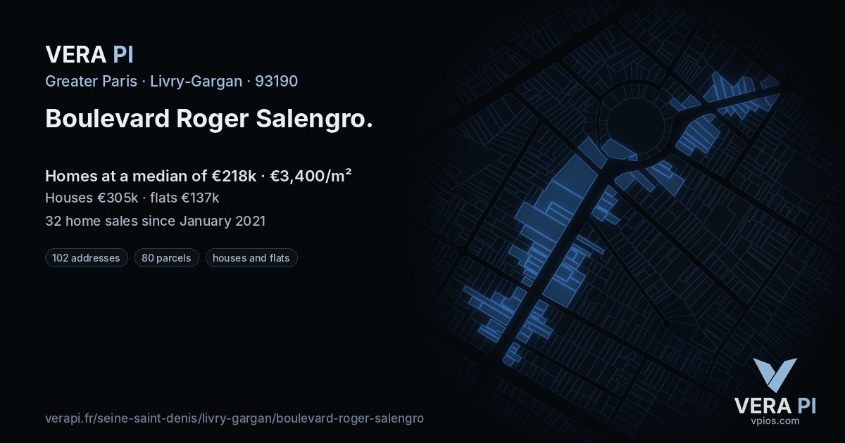 Boulevard Roger Salengro, Livry-Gargan at night – every parcel coloured by the prices around it, the street's own parcels lit