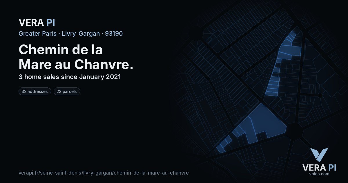 Chemin de la Mare au Chanvre, Livry-Gargan at night – every parcel coloured by the prices around it, the street's own parcels lit