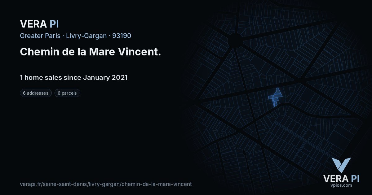 Chemin de la Mare Vincent, Livry-Gargan at night – every parcel coloured by the prices around it, the street's own parcels lit