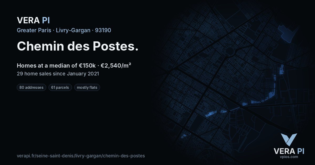 Chemin des Postes, Livry-Gargan at night – every parcel coloured by the prices around it, the street's own parcels lit