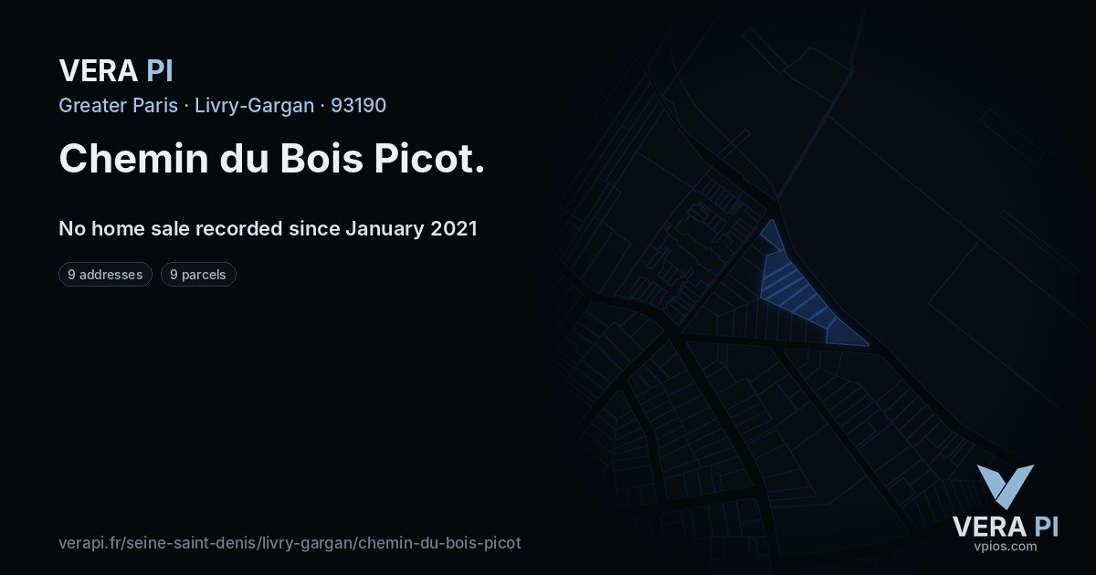 Chemin du Bois Picot, Livry-Gargan at night – every parcel coloured by the prices around it, the street's own parcels lit