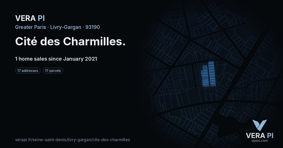 Cité des Charmilles, Livry-Gargan at night – every parcel coloured by the prices around it, the street's own parcels lit