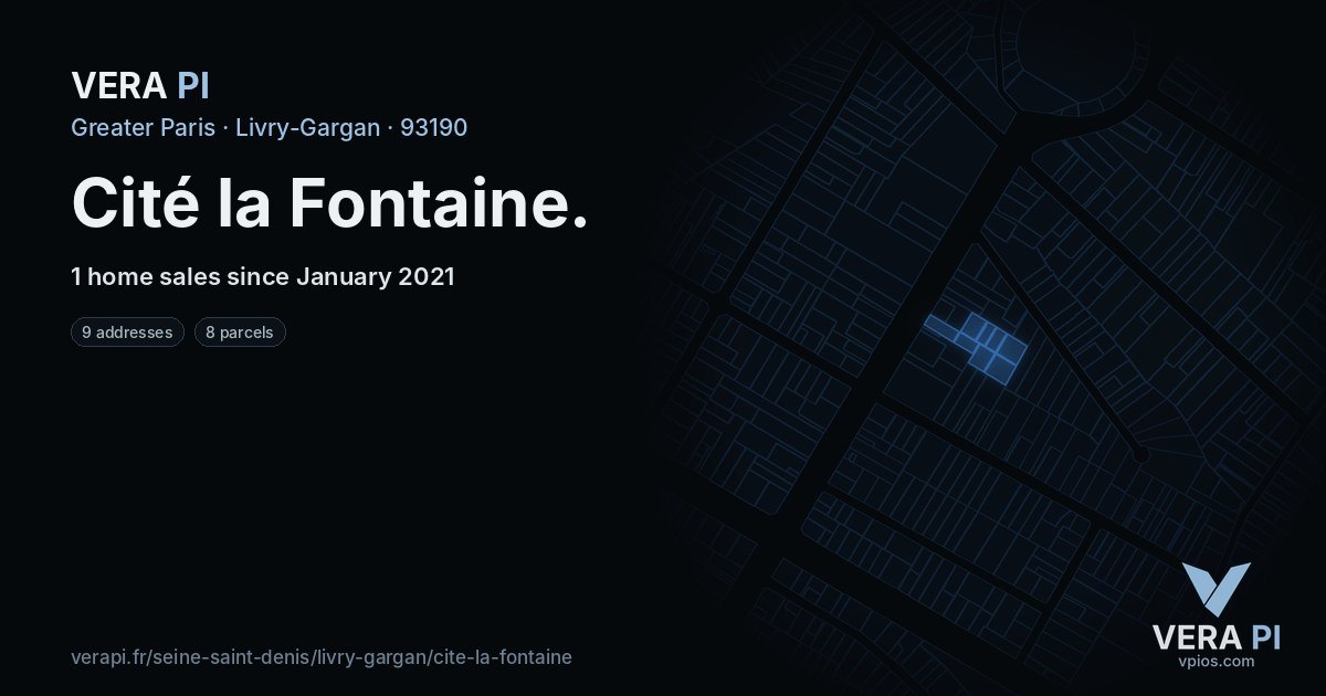 Cité la Fontaine, Livry-Gargan at night – every parcel coloured by the prices around it, the street's own parcels lit