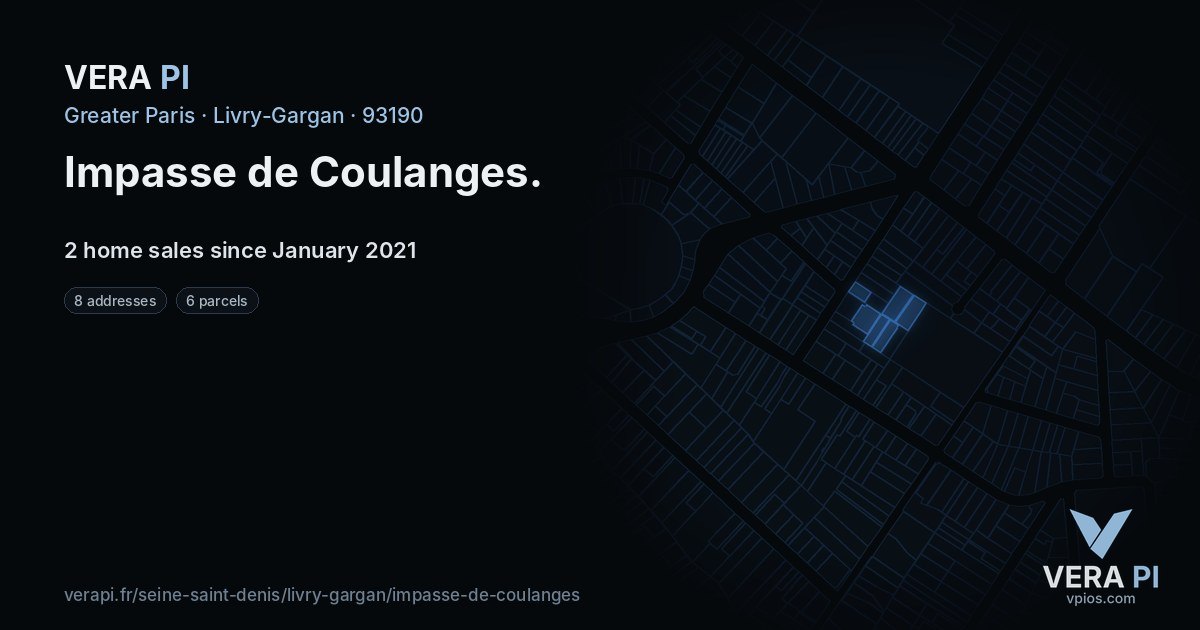 Impasse de Coulanges, Livry-Gargan at night – every parcel coloured by the prices around it, the street's own parcels lit