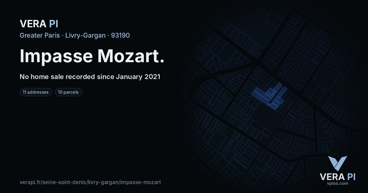 Impasse Mozart, Livry-Gargan at night – every parcel coloured by the prices around it, the street's own parcels lit