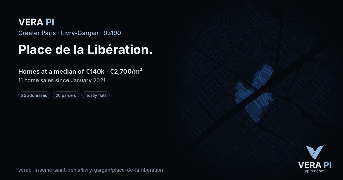 Place de la Libération, Livry-Gargan at night – every parcel coloured by the prices around it, the street's own parcels lit