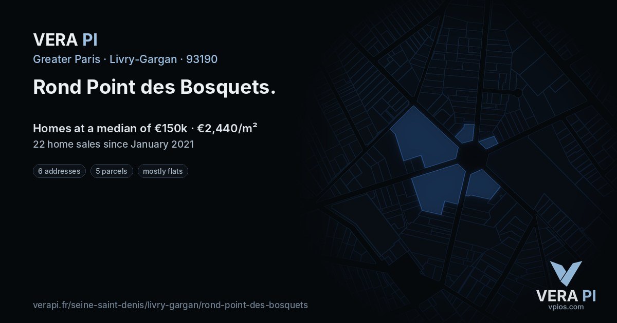 Rond Point des Bosquets, Livry-Gargan at night – every parcel coloured by the prices around it, the street's own parcels lit