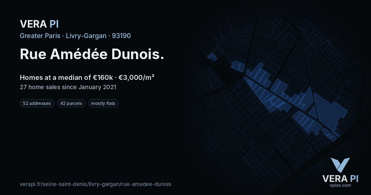 Rue Amédée Dunois, Livry-Gargan at night – every parcel coloured by the prices around it, the street's own parcels lit