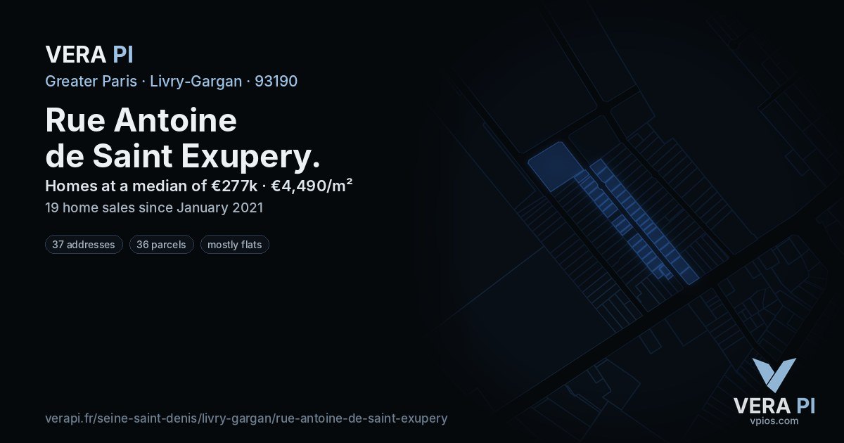 Rue Antoine de Saint Exupery, Livry-Gargan at night – every parcel coloured by the prices around it, the street's own parcels lit