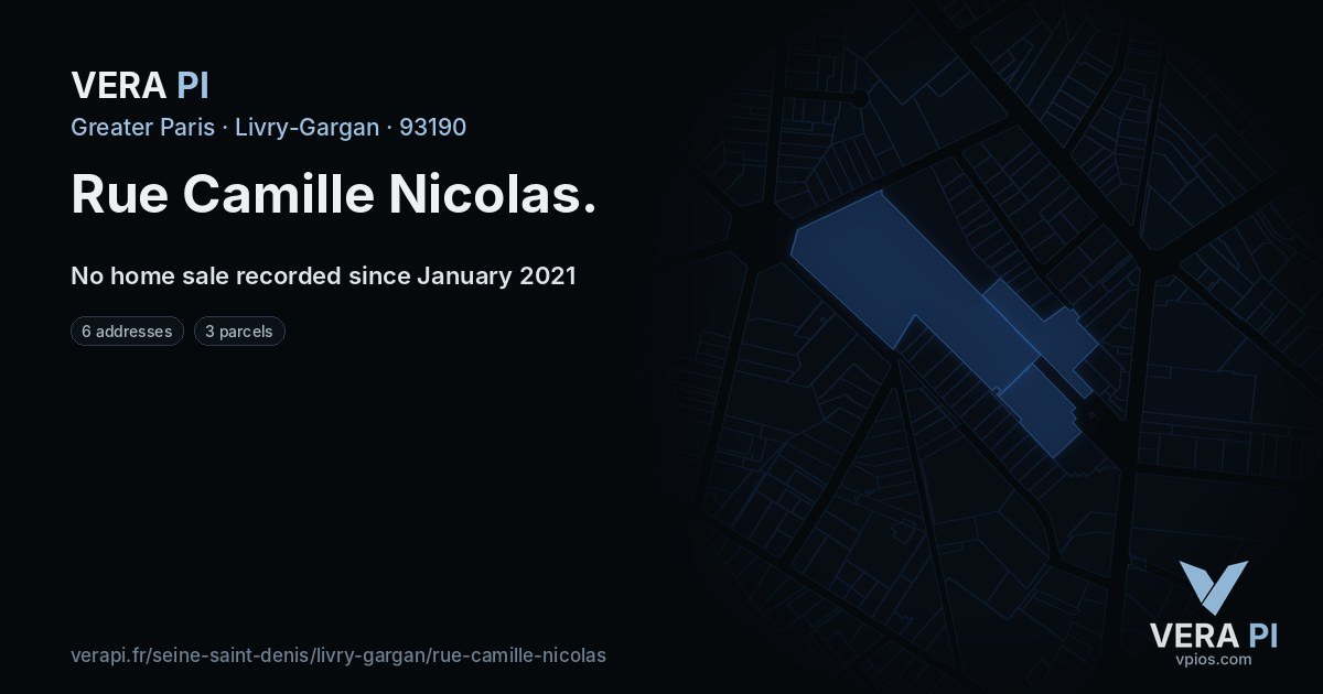 Rue Camille Nicolas, Livry-Gargan at night – every parcel coloured by the prices around it, the street's own parcels lit