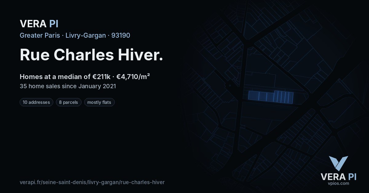 Rue Charles Hiver, Livry-Gargan at night – every parcel coloured by the prices around it, the street's own parcels lit