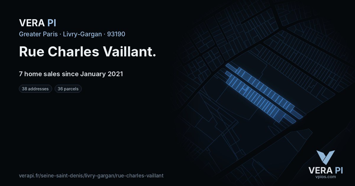 Rue Charles Vaillant, Livry-Gargan at night – every parcel coloured by the prices around it, the street's own parcels lit