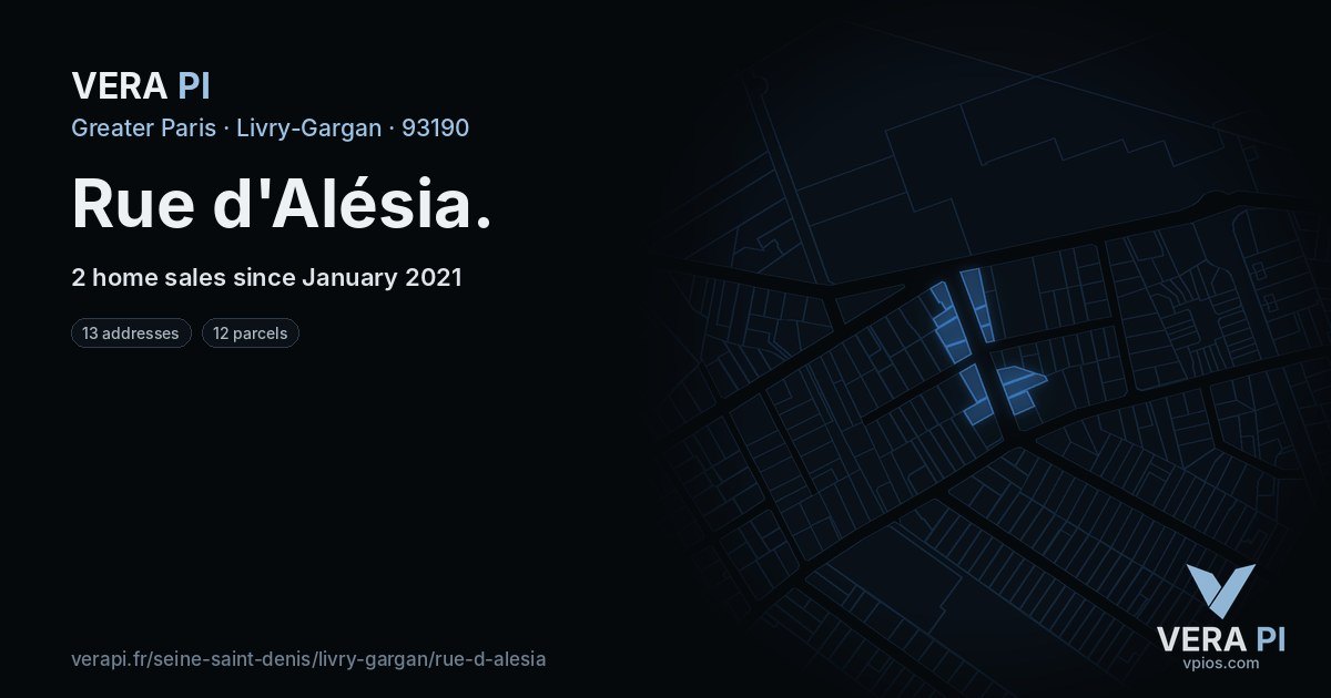 Rue d'Alésia, Livry-Gargan at night – every parcel coloured by the prices around it, the street's own parcels lit