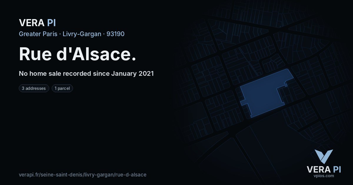 Rue d'Alsace, Livry-Gargan at night – every parcel coloured by the prices around it, the street's own parcels lit