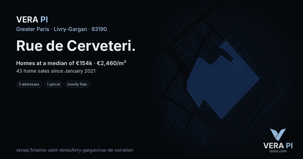 Rue de Cerveteri, Livry-Gargan at night – every parcel coloured by the prices around it, the street's own parcels lit
