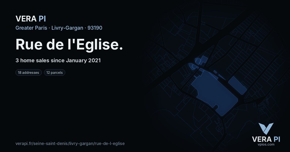 Rue de l'Eglise, Livry-Gargan at night – every parcel coloured by the prices around it, the street's own parcels lit