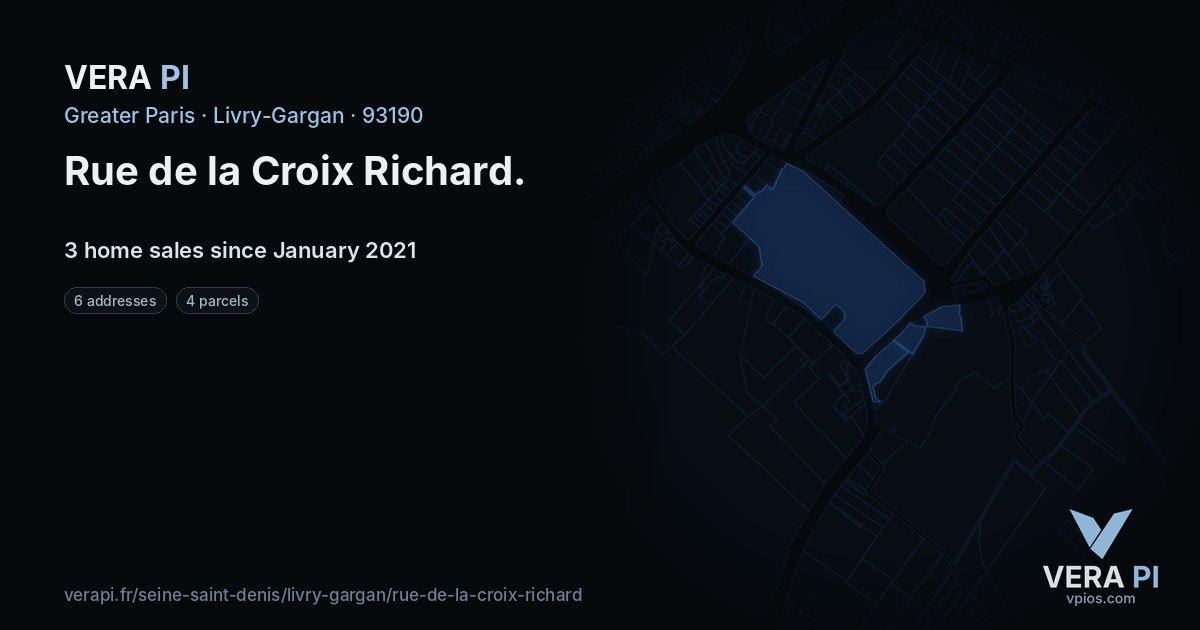 Rue de la Croix Richard, Livry-Gargan at night – every parcel coloured by the prices around it, the street's own parcels lit