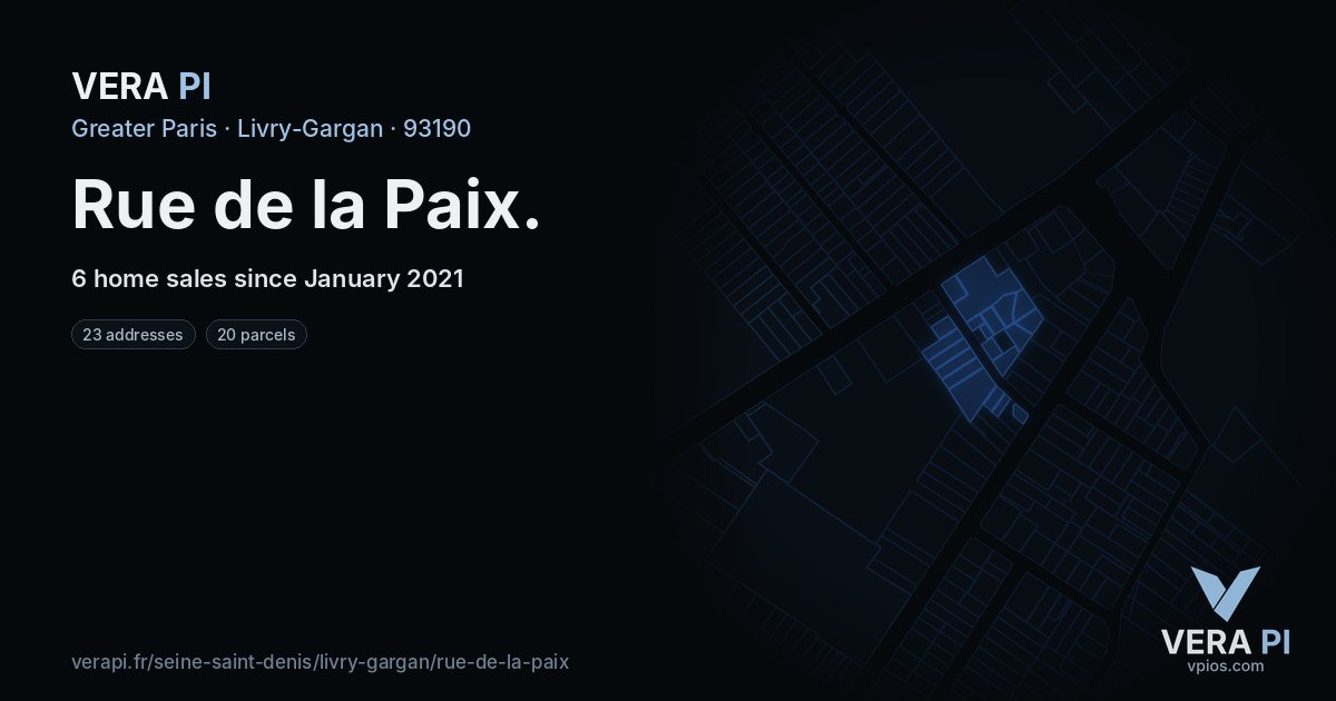 Rue de la Paix, Livry-Gargan at night – every parcel coloured by the prices around it, the street's own parcels lit