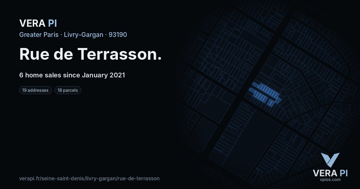 Rue de Terrasson, Livry-Gargan at night – every parcel coloured by the prices around it, the street's own parcels lit