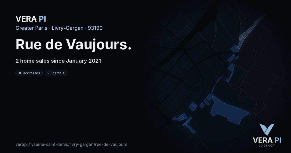 Rue de Vaujours, Livry-Gargan at night – every parcel coloured by the prices around it, the street's own parcels lit