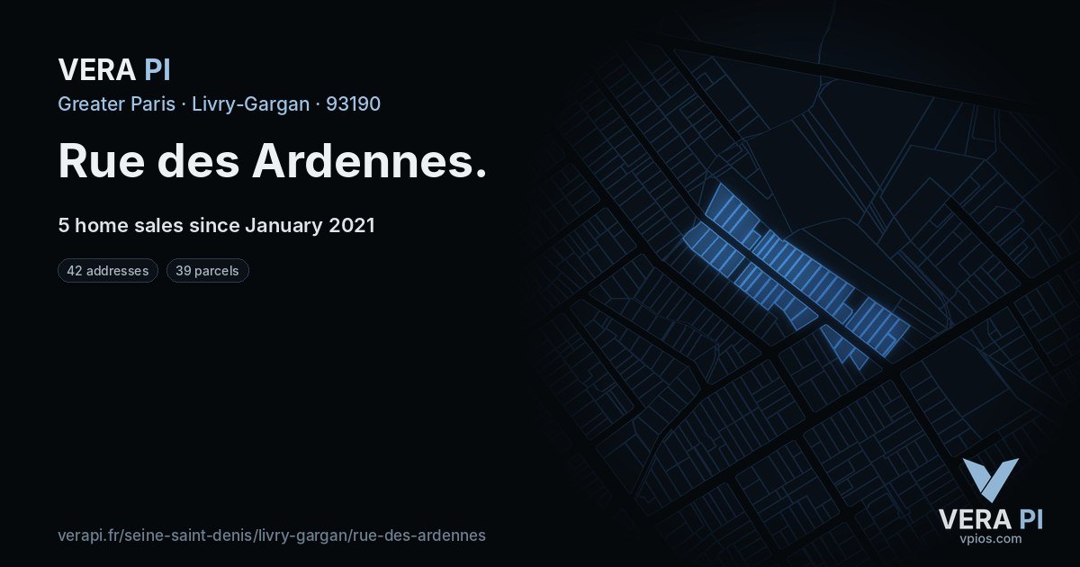 Rue des Ardennes, Livry-Gargan at night – every parcel coloured by the prices around it, the street's own parcels lit