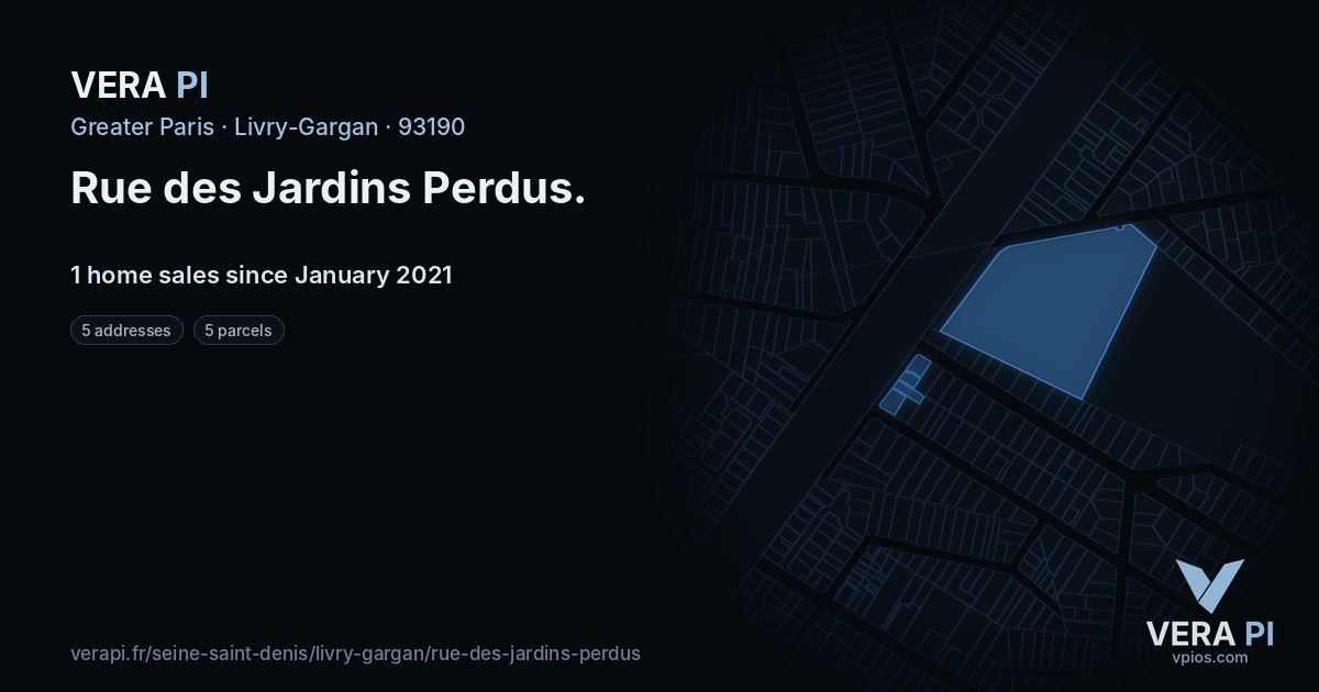 Rue des Jardins Perdus, Livry-Gargan at night – every parcel coloured by the prices around it, the street's own parcels lit